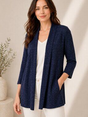 NIC+ZOE Dark Indigo Drapey Rib Cardigan Pocket Open Front Size Medium